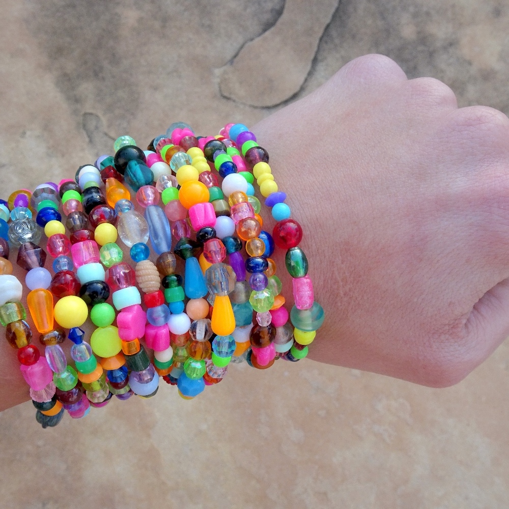 Set of 14 Rainbow Pony Bead Stacking Layering Candy Raver Kidcore Bracelets